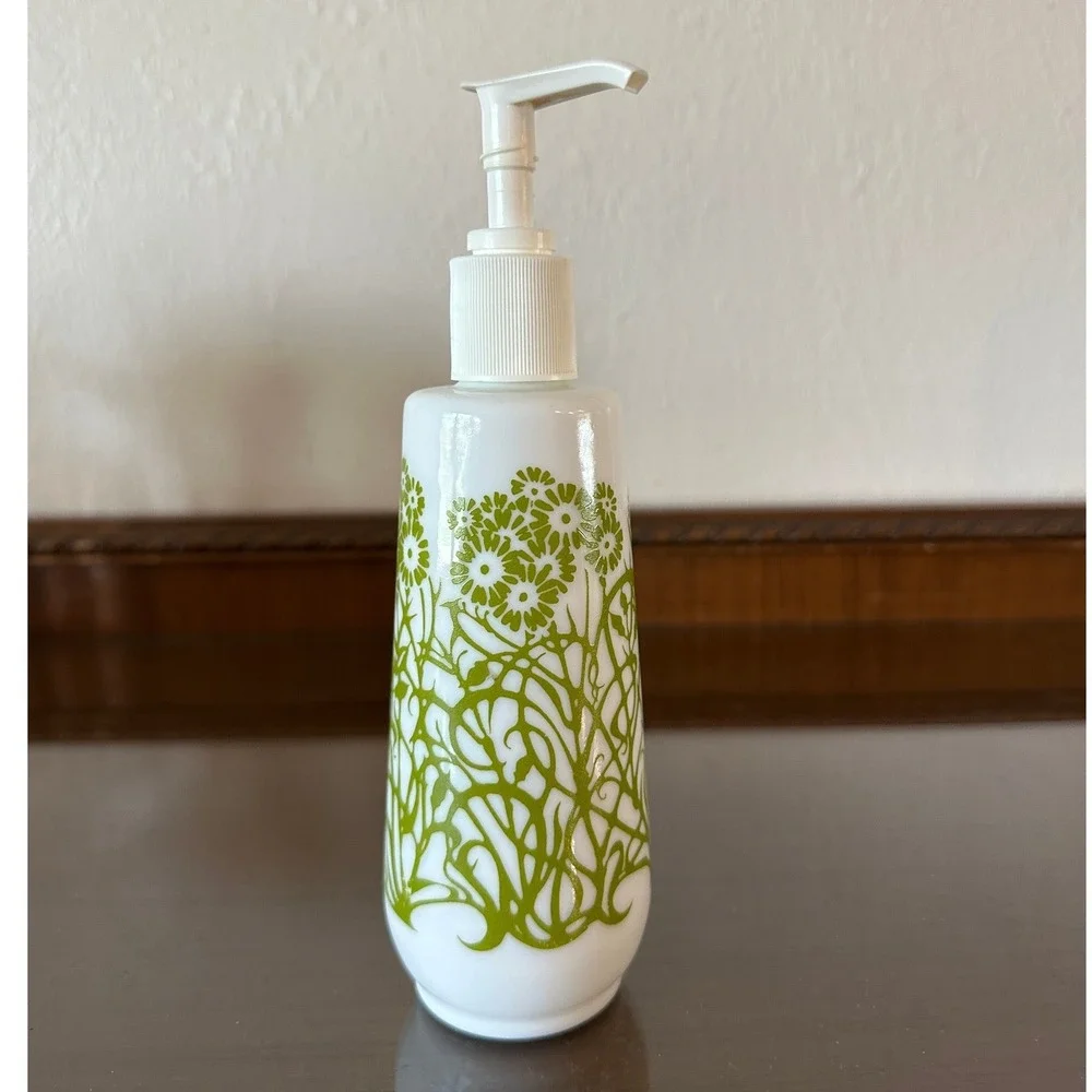 Amway Vintage 70s Milk Glass White Lotion Soap Pump Bottle Green Floral Empty